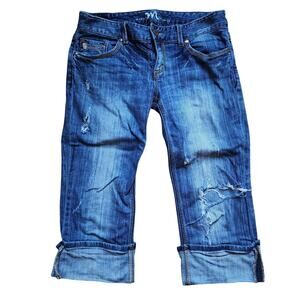 Madison Denim Co Capri Jeans Womens Size 7/8 Stretch Distressed Cuff Embroidered